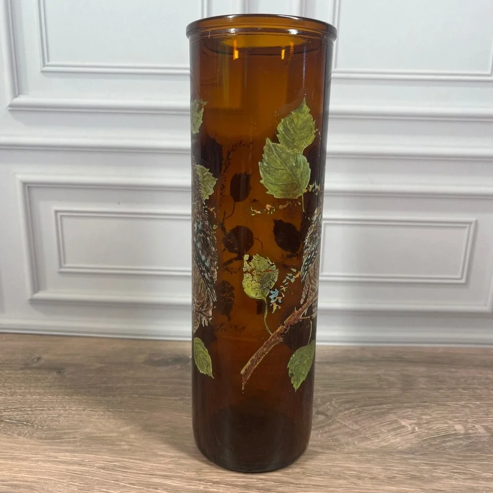 Vintage 1970's Amber Glass Hurricane 9 in Candle Holder Brown Owl Hand Empty MCM